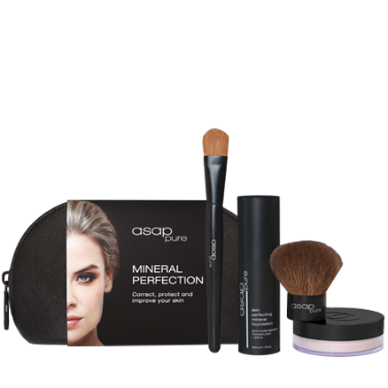 ASAP Pure Mineral Perfection makeup pack contains Mineral Base, Skin Perfecting Mineral Foundation (Choice of Colour), Foundation Brush, Kabuki Brush, Deluxe Makeup Bag